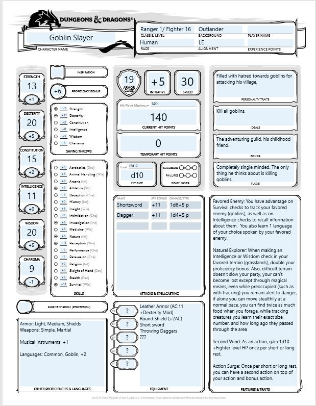 Goblin Slayer Dnd Character Sheet