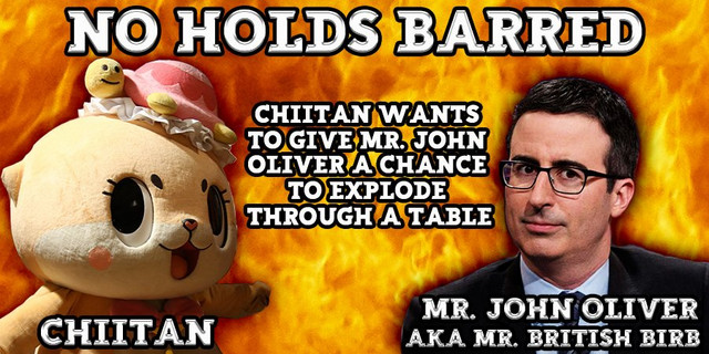 Chiitan faces off against John Oliver against a fiery background.