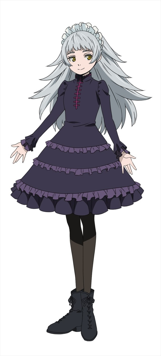 Miglieglia, a young girl with gray hair and yellow eyes in a frilly, dark blue and purple dress.