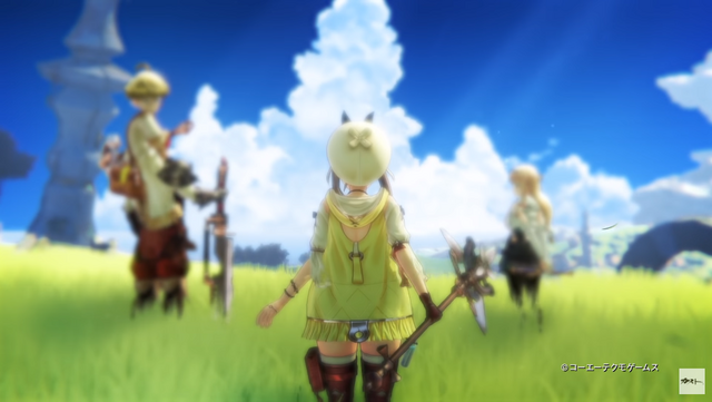 A trio of adventures prepare to set off a journey across a grassy plain beneath a clear blue sky.