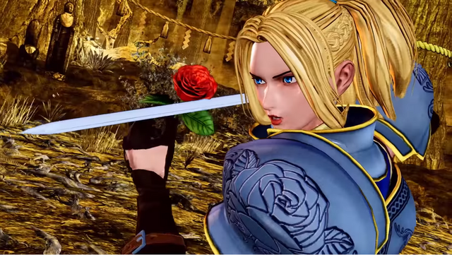 Charlotte, a blonde-haired, blue-eyed knight in full plate armor, prepares to land a killing blow with a rose in one hand and rapier in the other.