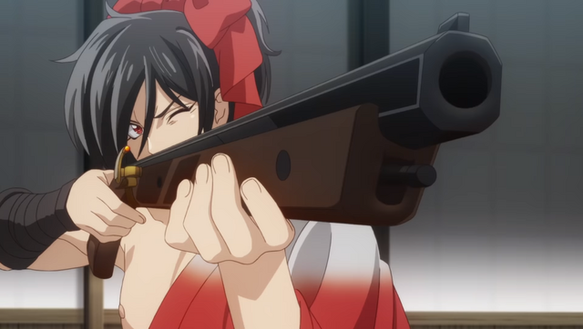 A young Oda Nobunaga takes aim with a matchlock arquebus.