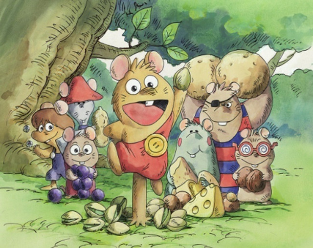An illustration featuring the main mice main characters of the 1975 TV anime, The Adventures of Gamba.