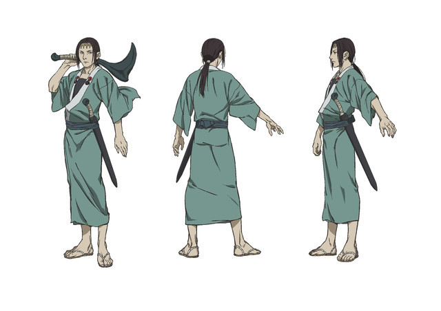 Anotsu Kagehisa, a sword master in a light green kimono with a massive iron sickle in his hand and a short sword at his waist.