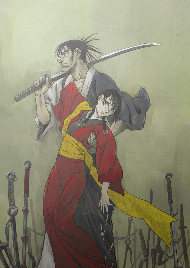 A new key visual for the 2019 Blade of the Immortal TV anime, featuring the main characters, Manji and Asano Rin, posing amid a field of discarded weapons.