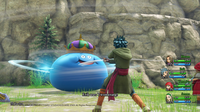 A screen capture from Dragon Quest XI S: Echoes of an Elusive Age-Definitive Edition for the Nintendo Switch, featuring the hero party fighting a King Slime.