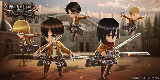 Armin, Eren, Levi, and Mikasa in chibi form prepare to wreck some Titan neck in the Attack on Titan: TACTICS social game.