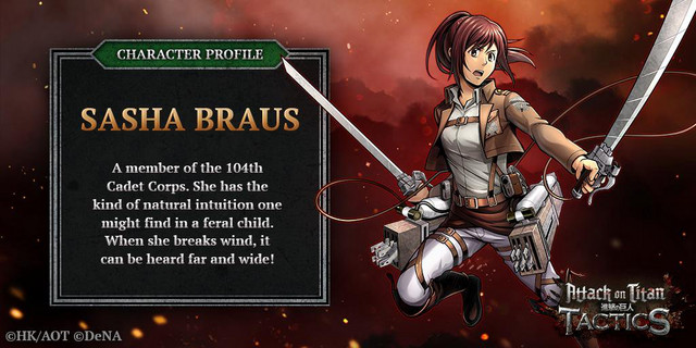 Sasha Braus, unrepentant meat thief and one of my Assault support units in the Attack on Titan: TACTICS social game.