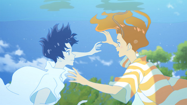 A promotional image from the 2019 anime theatrical film, Ride Your Wave, featuring the two main characters meeting underwater.