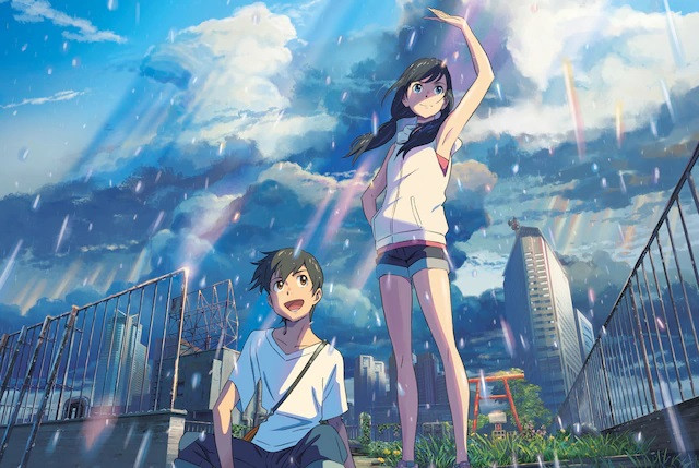 A promotional image featuring the main characters of the 2019 anime theatrical film, Weathering With You, standing among an unusual atmospheric effect.