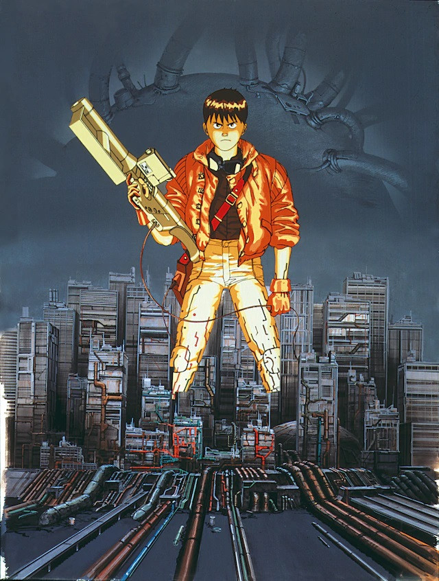 The movie poster for the landmark 1988 anime theatrical film, AKIRA, featuring Kaneda posing with a laser rifle against the backdrop of a cybernetic Neo Tokyo.