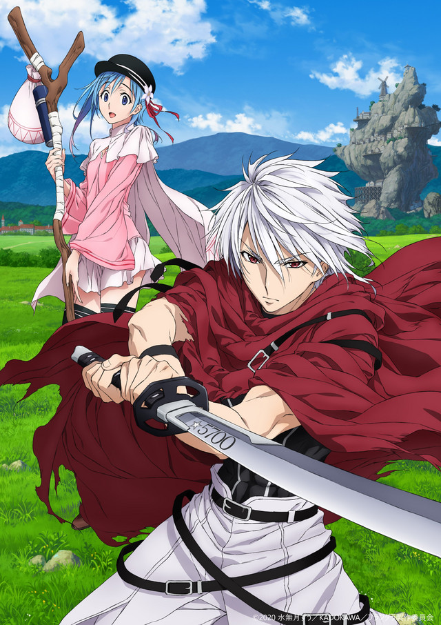 A key visual for the Plunderer TV anime, featuring heroine Hina and cloaked swordsman Licht Bach posing against a fantastical landscape.