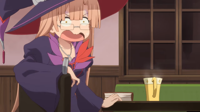 Mary, a young witch, is flustered in a scene from the upcoming Suppose a Kid from the Last Dungeon Boonies Moved to a Starter Town TV anime.