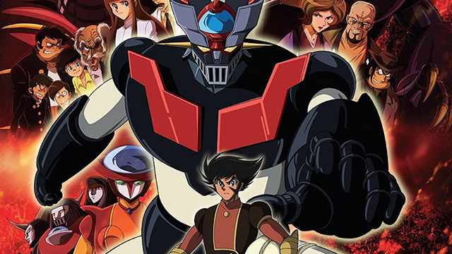 The cast of Mazinger Edition Z, with the robot Mazinger Z central