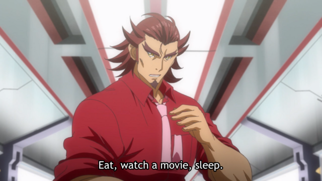 Genjuro says, "Eat, watch a movie, sleep."