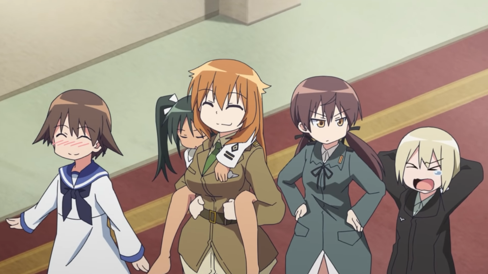 The main cast of the 2019 Strike Witches: 501st JOINT FIGHTER WING Take Off! TV anime goofs around in a scene from the trailer for the series.