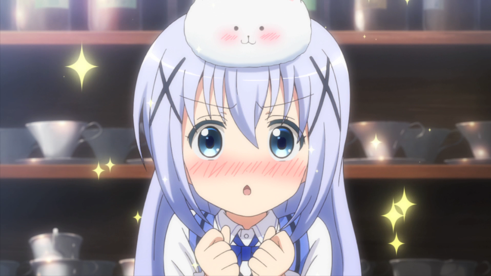 Chino sparkles at the prospect of re-naming the Rabbit House Cafe in a scene from the first episode of the Is the Order a Rabbit? TV anime.