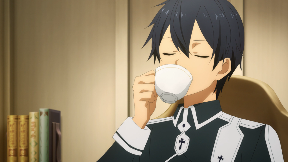 Kirito sips tea in a scene from Episode 9 of the Sword Art Online Alicization TV anime.