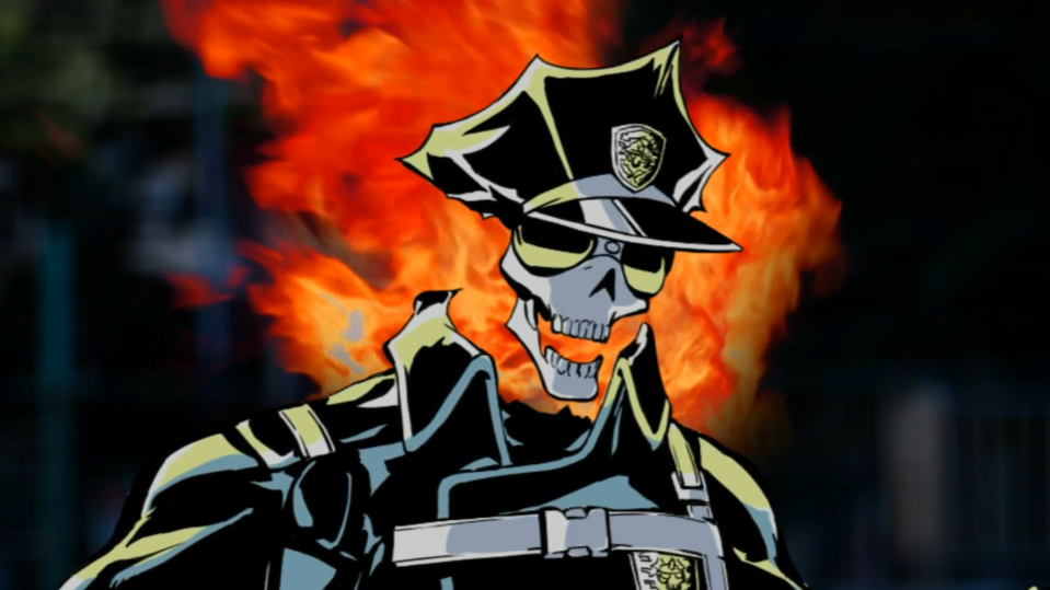 Inferno Cop prepares to unleash some fiery justice in a scene from the 2012 Inferno Cop original web anime.