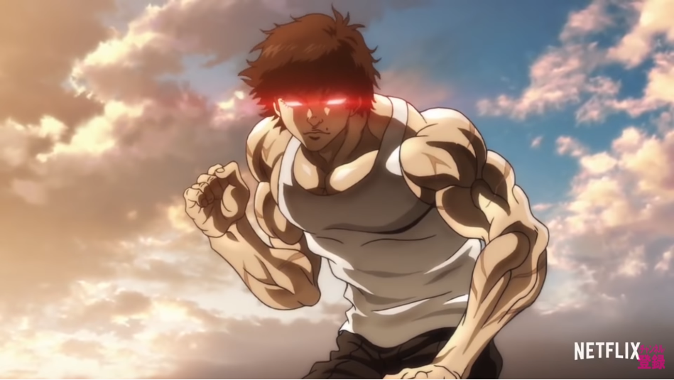 Baki Hanma strikes a fighting pose while his eyes glow red with malevolent power in a scene from the upcoming Baki: Son of Ogre Netflix original anime series.