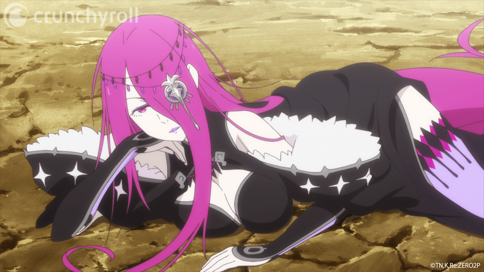 Sekhmet, the Witch of Sloth, lunges in a crater while observing her fellow Witches interact with Subaru in a scene from the Re: ZERO -Starting Life in Another World- TV anime.