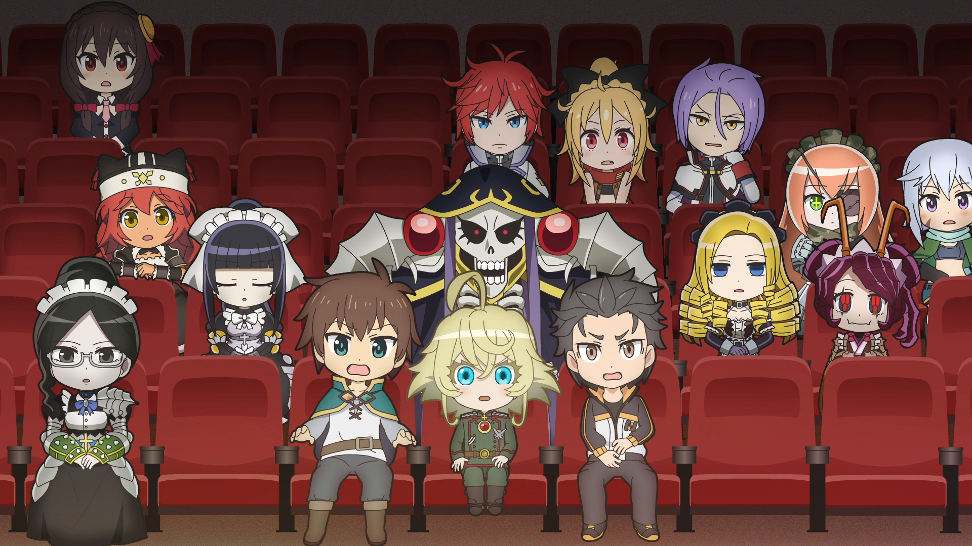 Characters from Overlord, Saga of Tanya the Evil, KONOSUBA -God's blessing on this wonderful world !, and Re: ZERO -Starting Life in Another World- pack the school auditorium in a scene from the Isekai Quartet TV anime.