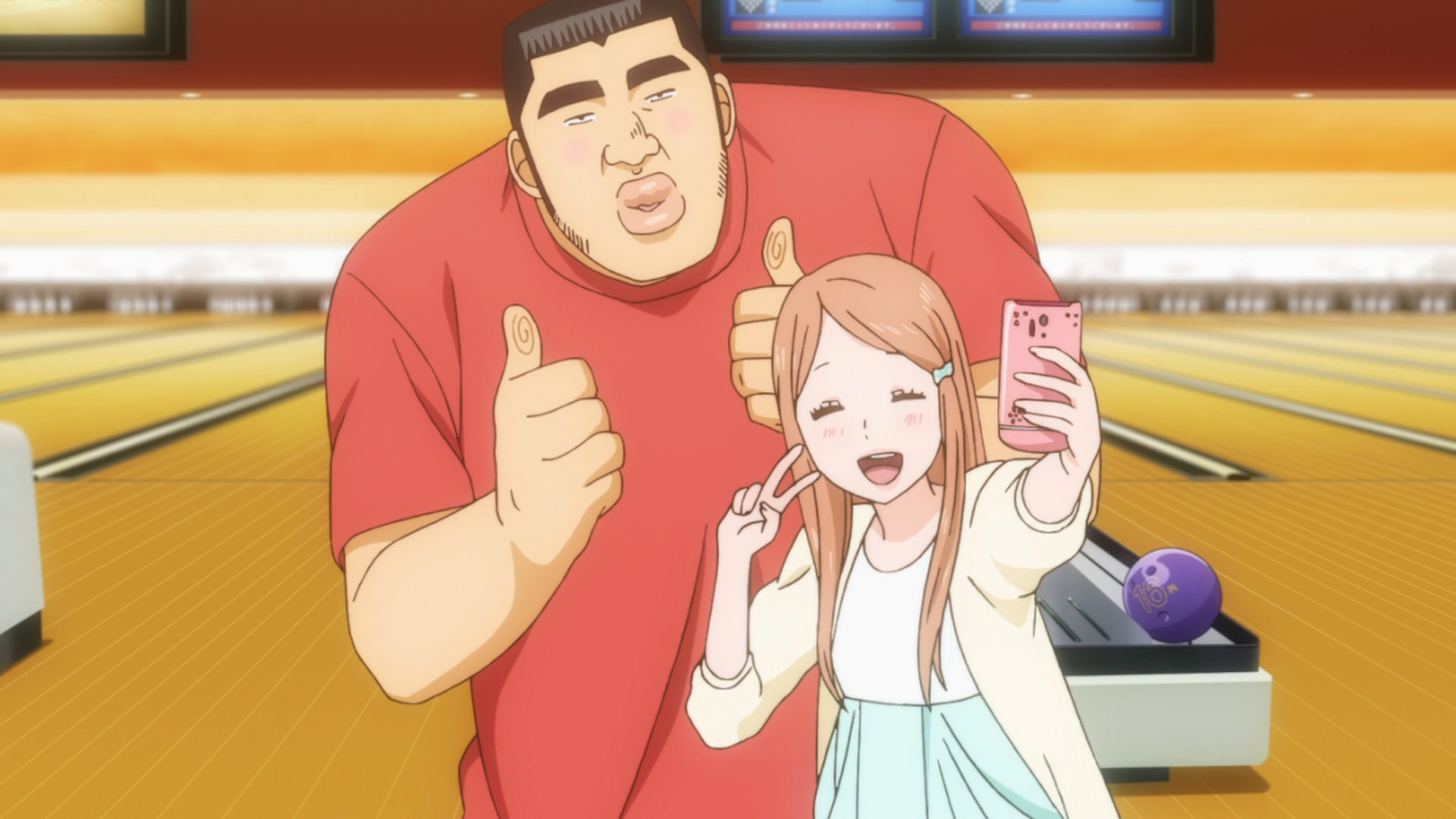Takeo Goda and Rinko Yamato take a selfie together at a bowling alley in a scene from the MY love STORY !! TV anime.
