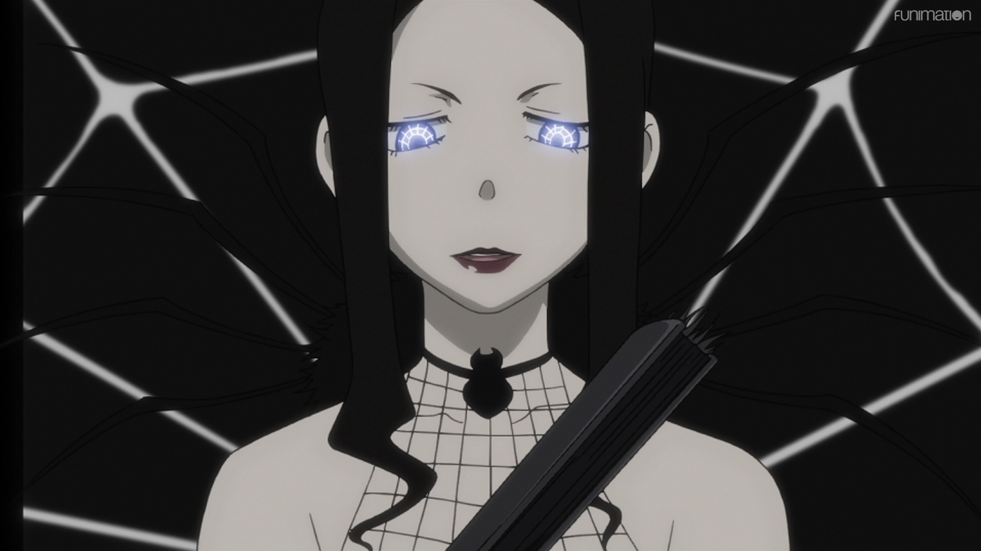 Arachne Gorgon's irises shine with a glowing, spiderweb pattern in a scene from the Soul Eater TV anime.