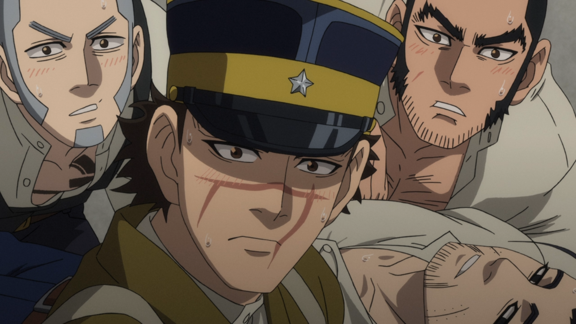 Shiraishi, Sugimoto, Tanigaki, and Ogata are all hot and bothered after consuming a meal of otter stew in a scene from Episode 20 of the Golden Kamuy TV anime.