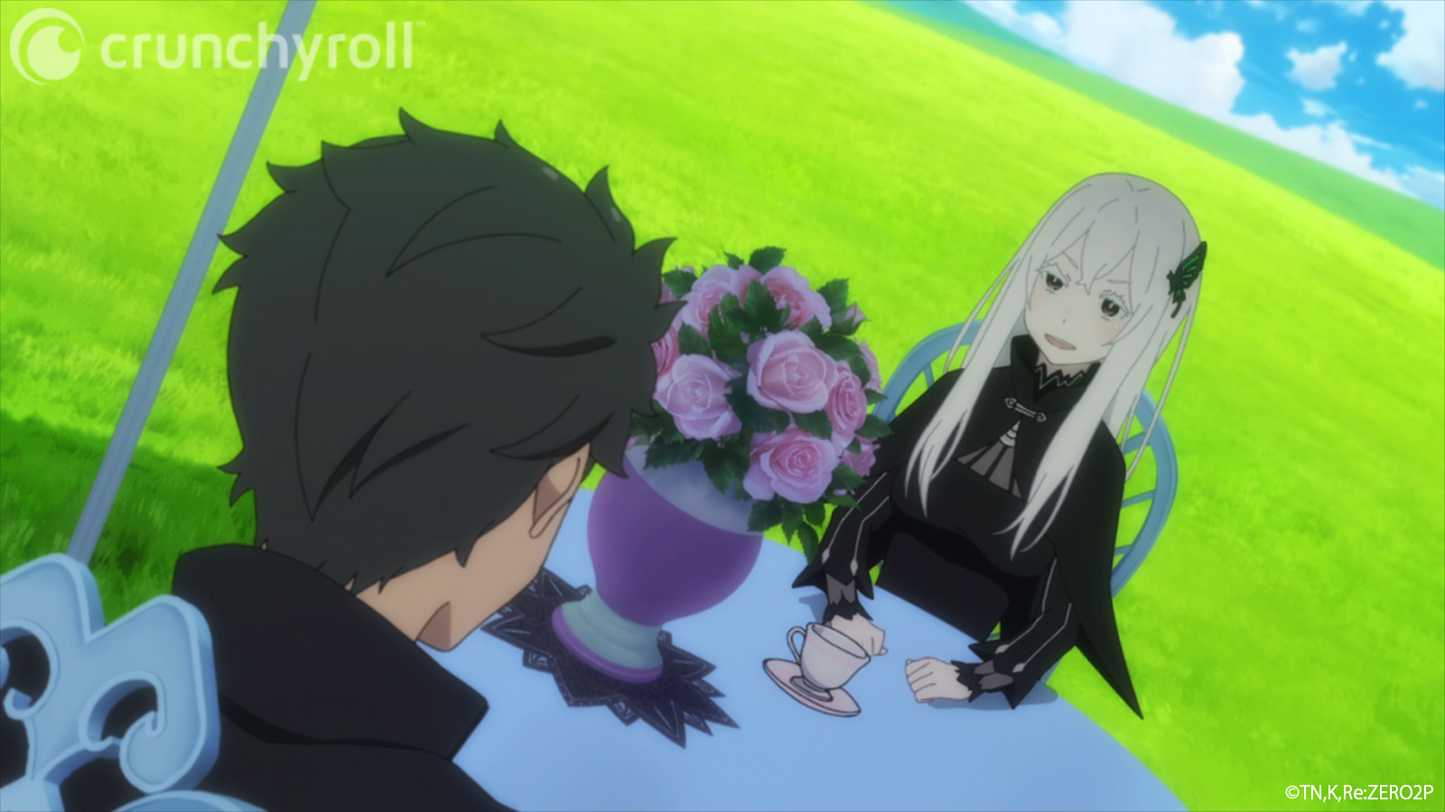 Echidna, the Witch of Greed, prepares a lovely cup of tea for Subaru in a scene from the Re: ZERO -Starting Life in Another World- TV anime.