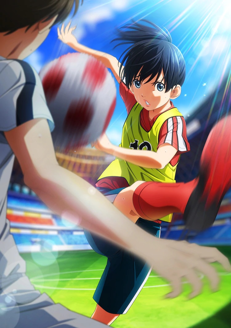 A key visual for the upcoming Farewell, My Dear Cramer --First Touch theatrical anime film, featuring the main character, Nozomi Onda, in her sports gear attempting to score a soccer goal against a male player.