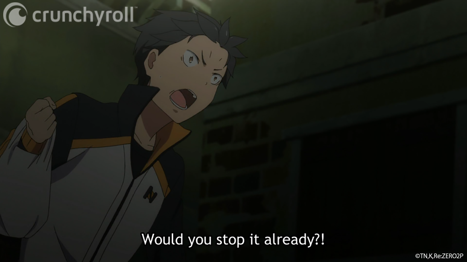 Natsuki Subaru vents his frustration after running into the same group of street hooligans after mutliple reincarnations in a scene from the Re: ZERO -Starting Life in Another World- TV anime.