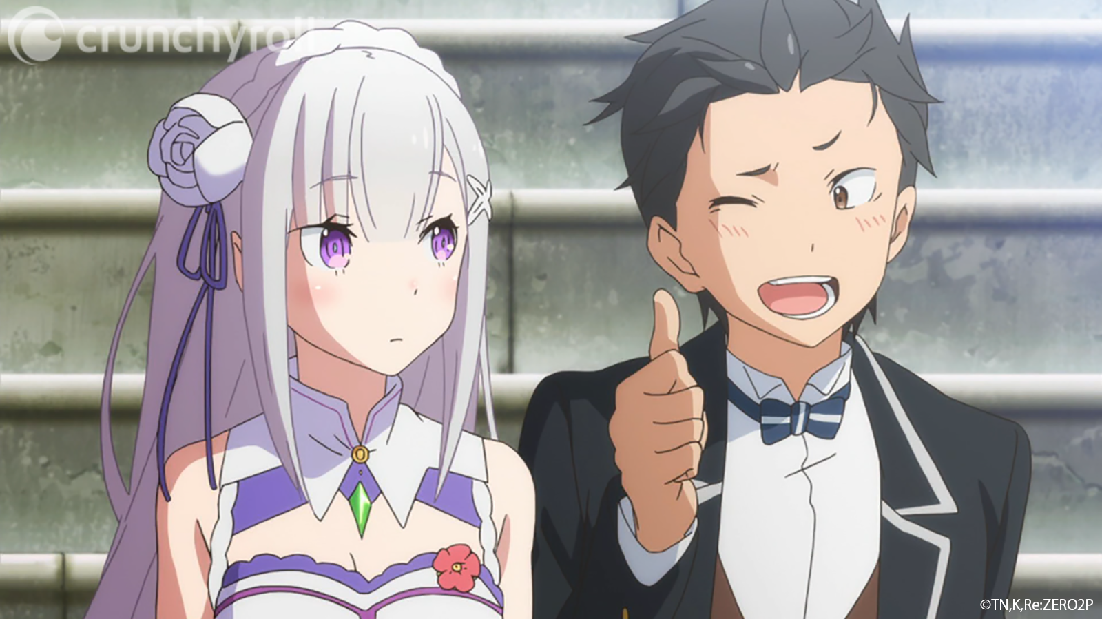 Natsuki Subaru flashes Emilia a wink and a thumb's up in a scene from the Re: ZERO -Starting Life in Another World- TV anime.