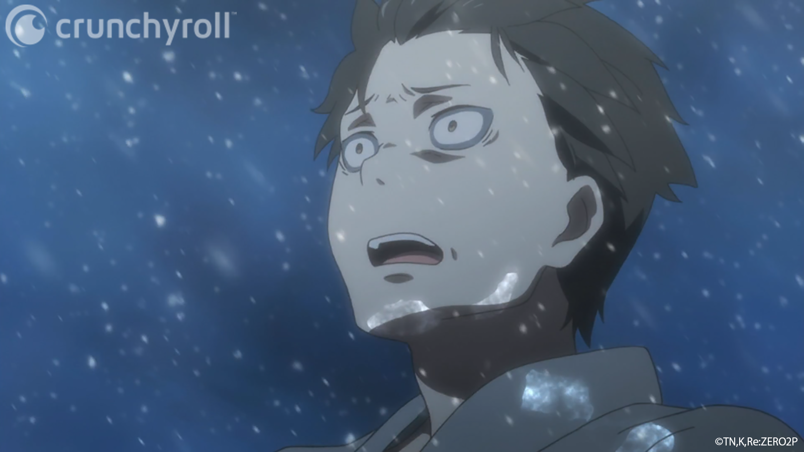 Natsuki Subaru begins to freeze solid beneath the icy wrath of Puck in a scene from the Re: ZERO -Starting Life in Another World- TV anime.