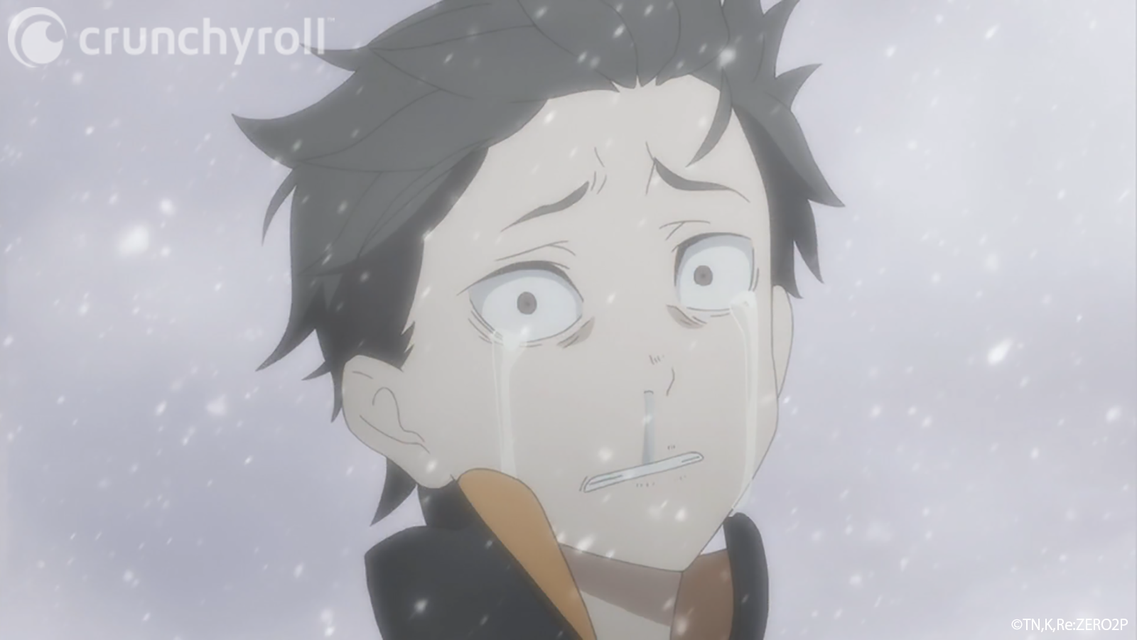 Natsuki Subaru openly weeps for the deaths of his friends before being swiftly executed by Puck in a scene from the Re: ZERO -Starting Life in Another World- TV anime.