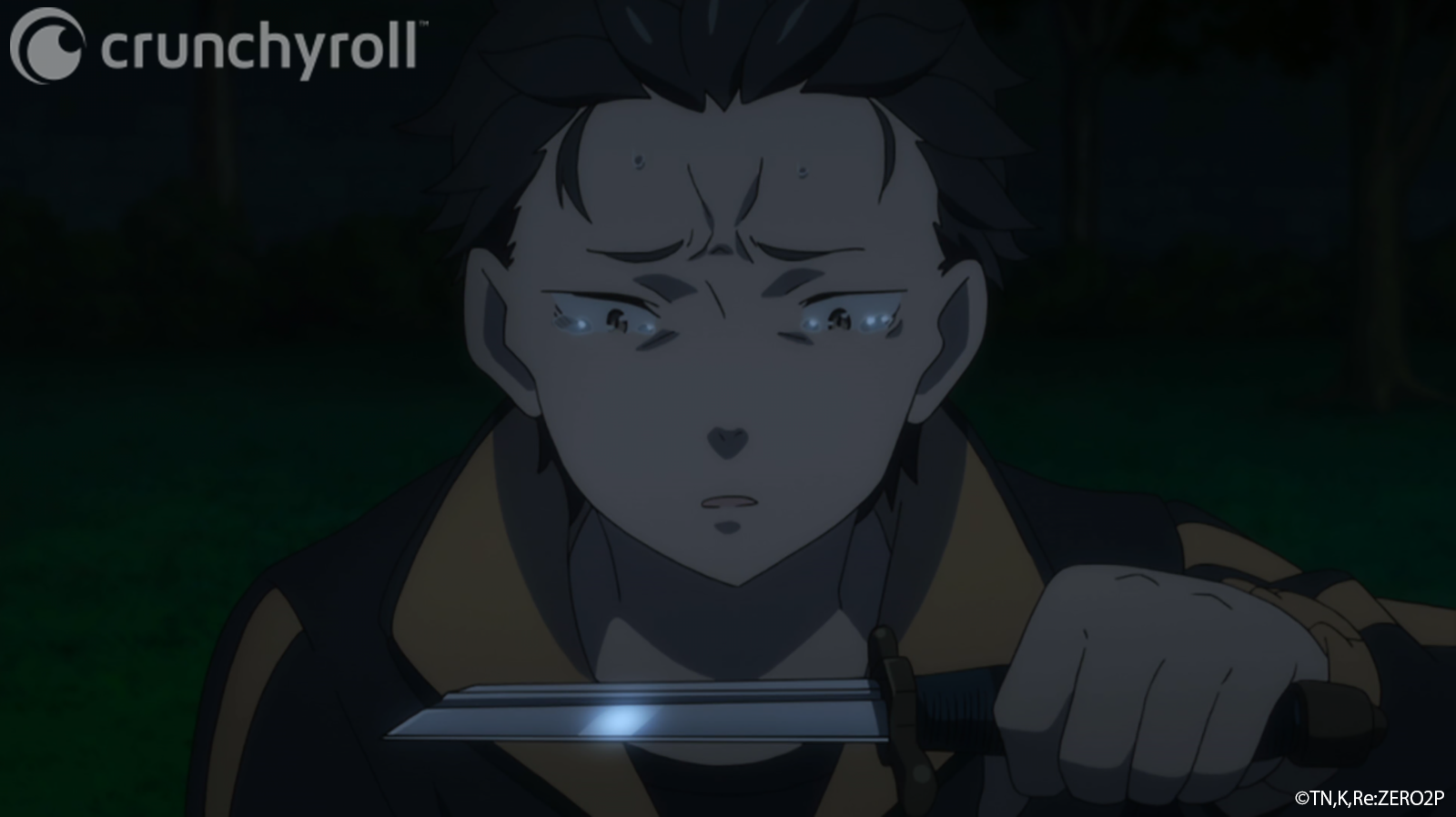 Natsuki Subaru prepares to stab himself in the throat with a broken sword in an effort to reset the timeline in order to save Rem in a scene from the Re: ZERO -Starting Life in Another World- TV anime.