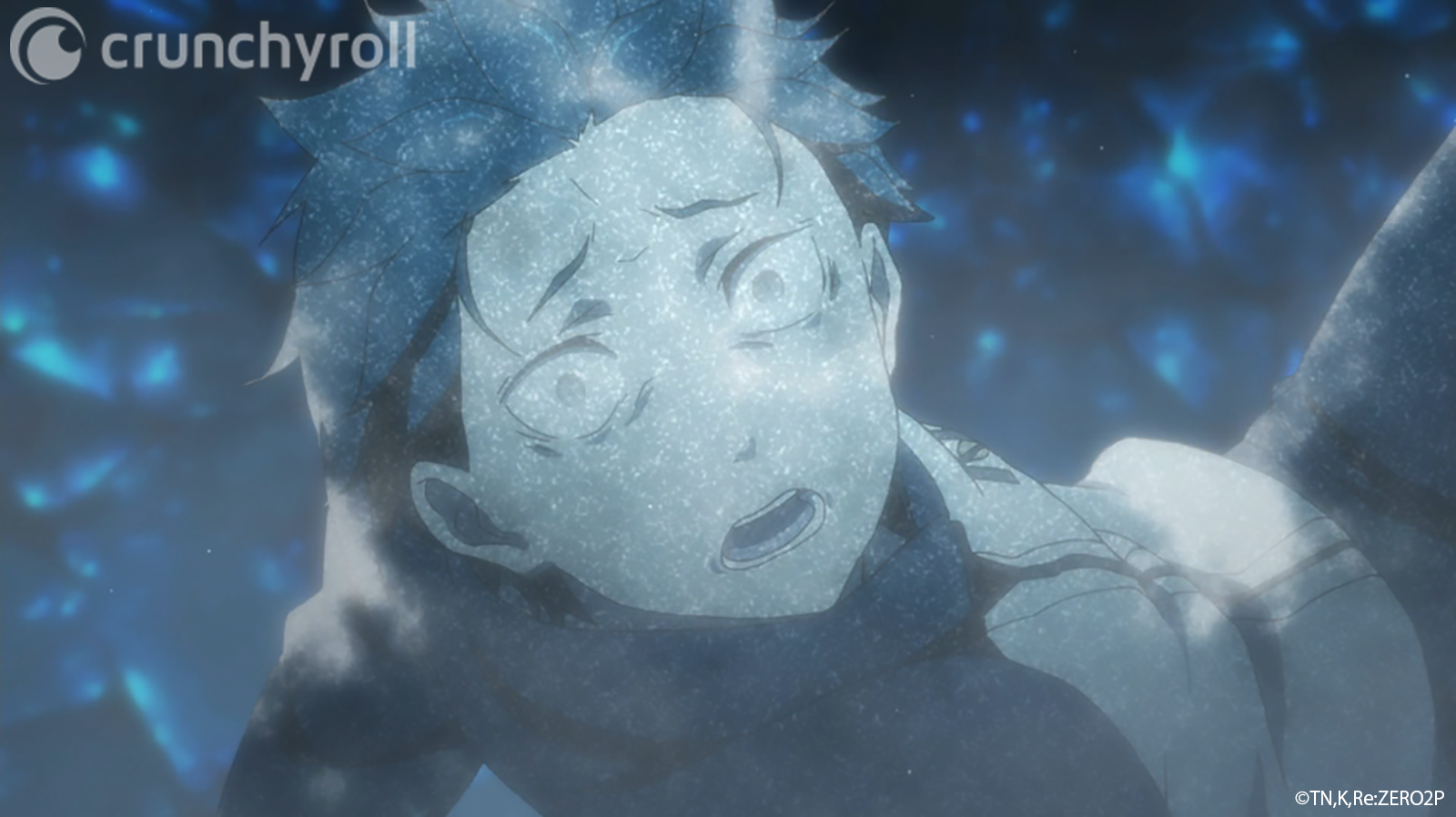 Natsuki Subaru is frozen solid by an unseen force in a scene from the Re: ZERO -Starting Life in Another World- TV anime.