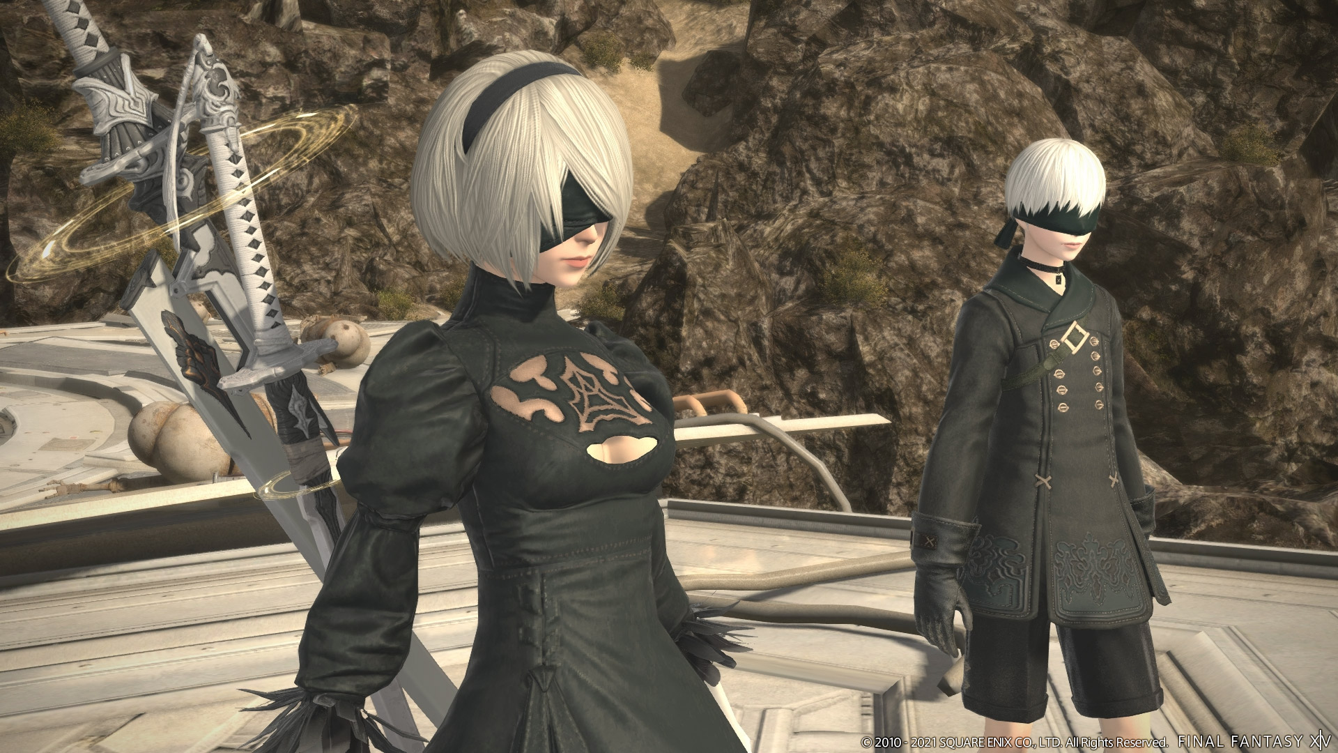 2B and 9S from NieR: Automata make a guest appearance as NPC's in Patch 5.5 of the Shadowbringers expansion for the Final Fantasy XIV video game.