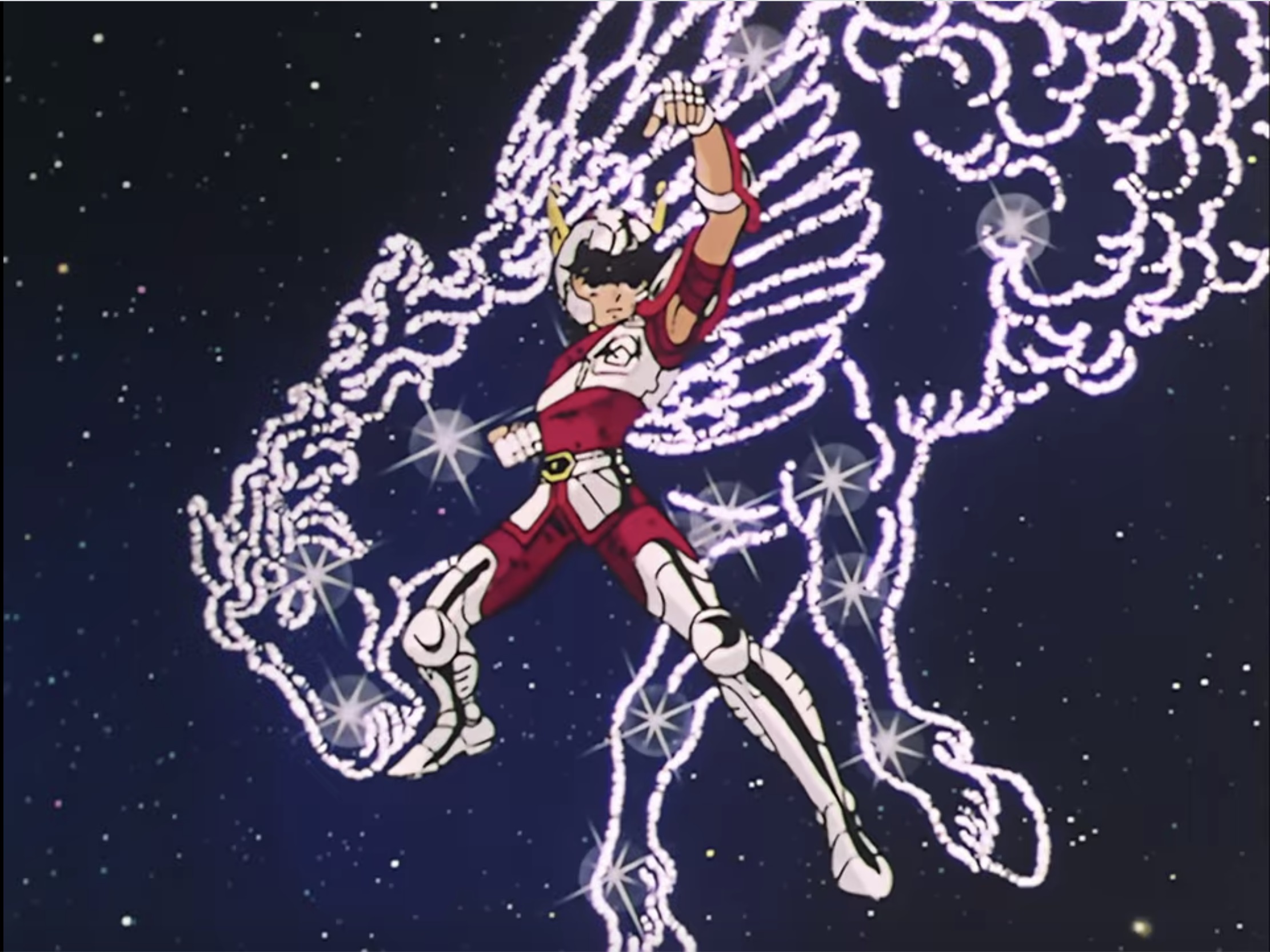 Seiya poses in front of a constellation of Pegasus in a scene from the 1986 --1989 Saint Seiya TV anime.