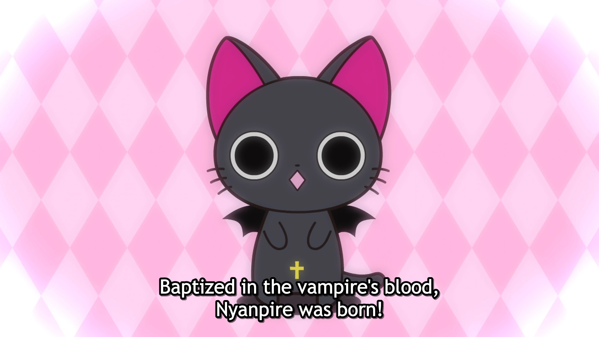 Nyanpire, a vampiric kitten, is saved from starving to death by being transformed into a creature of the night in a scene from the Nyanpire - The Vampire Cat TV anime.